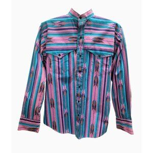 Vintage Ruddock Bros Western Shirt Large Aztec Print Pink & Teal 100% Cotton